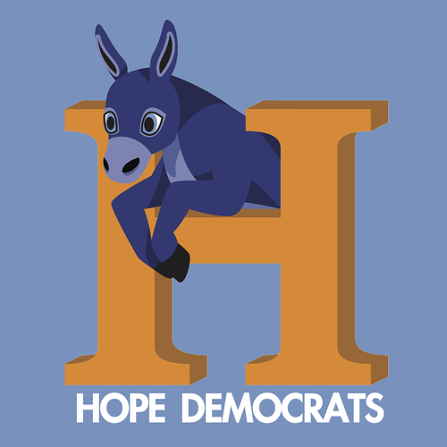 A cartoon donkey leaning on a large letter 'H' with the words 'Hope Democrats' below, against a blue background.