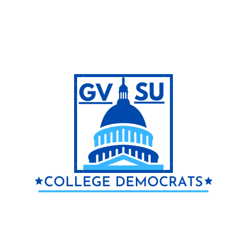 Logo for GVSU College Democrats featuring a blue illustration of a dome building, with the text 'GV SU' above and 'College Democrats' below, separated by stars.
