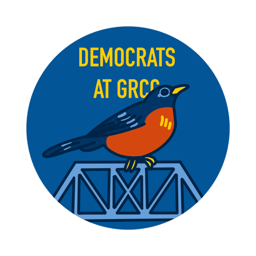 Icon of a bird, likely a robin, perched on a bridge with the text "Democrats at GRCC" in yellow in a blue circle background.