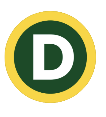 Green circle with a white letter D inside, bordered by a yellow ring.