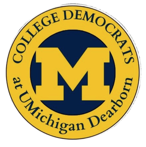 Logo of the College Democrats at the University of Michigan Dearborn, featuring a yellow border with black text and a blue letter 'M' at the center.