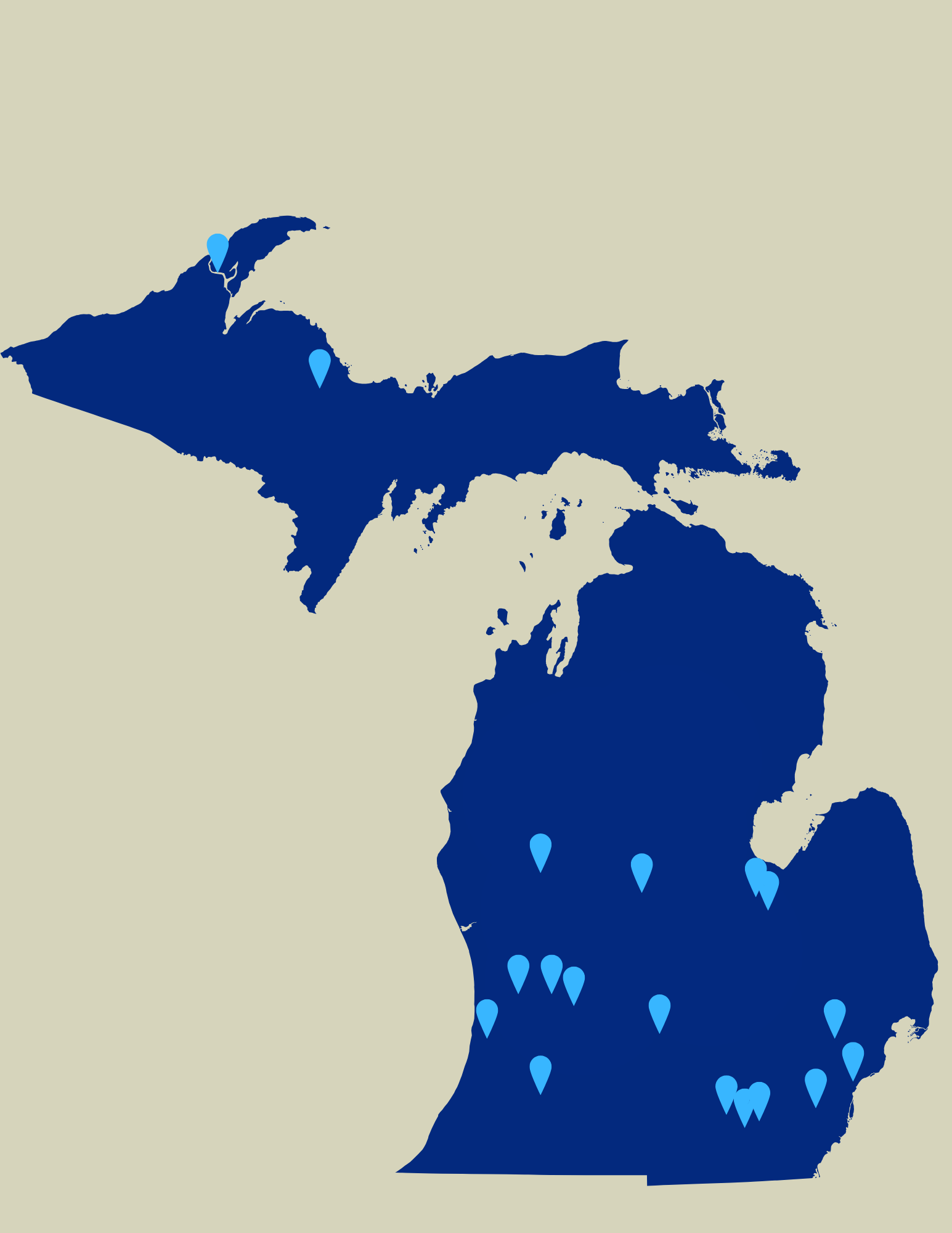 Map of Michigan with multiple blue markers indicating specific locations.