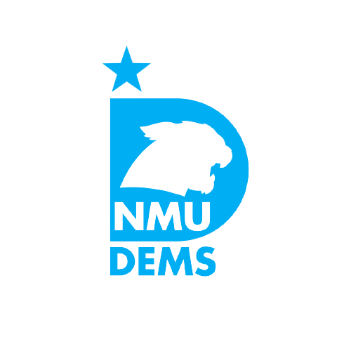 Logo of the NMU Democrats featuring a blue lion's head silhouette, a star above, and the text "NMU DEMS" in blue on a black background.