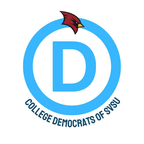 Logo of the College Democrats of SVSU featuring a blue circle with a large blue letter 'D' in the center, a red cardinal bird above the circle, and the text 'College Democrats of SVSU' surrounding the bottom of the circle.