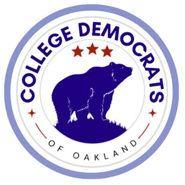 Logo of College Democrats of Oakland featuring a blue bear on a hill with three red stars above, encircled by the organization's name.