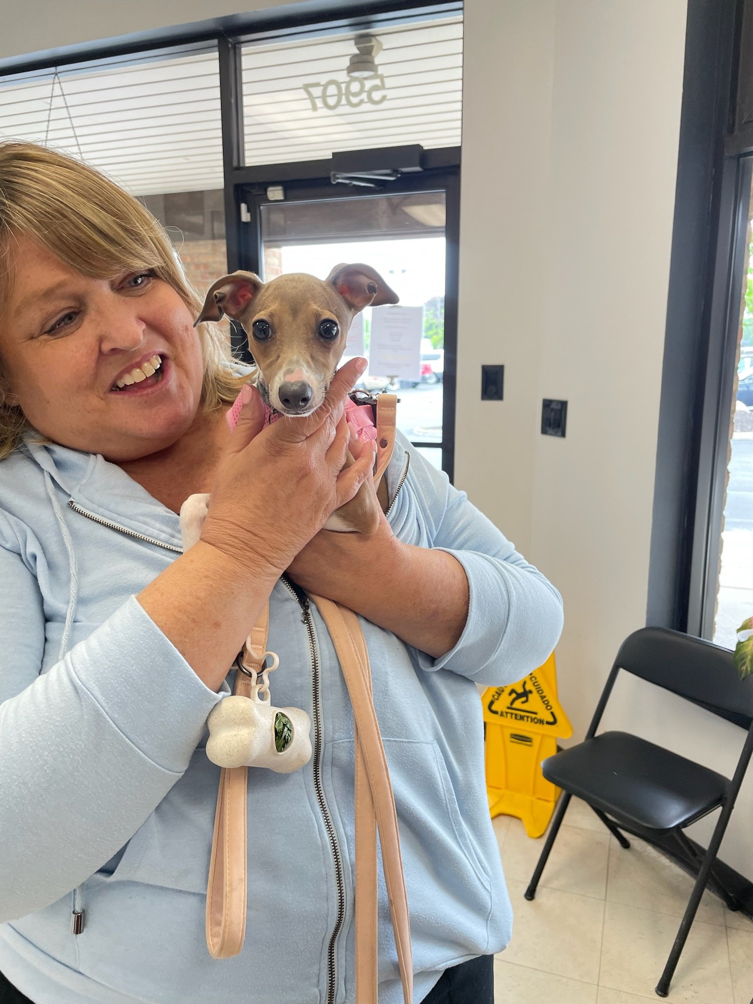 Bathed Puppy with Happy Pet Parent