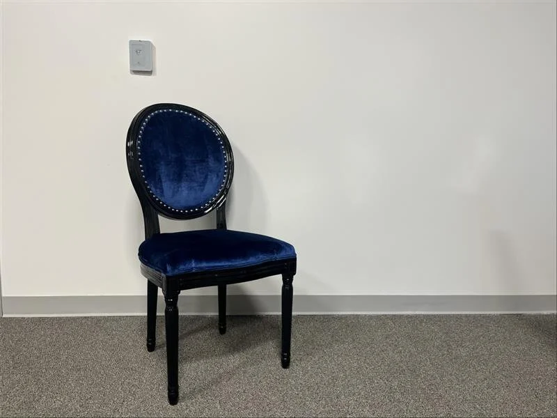 Blue accent chairs for event seating at The Grand View Mansfield venue