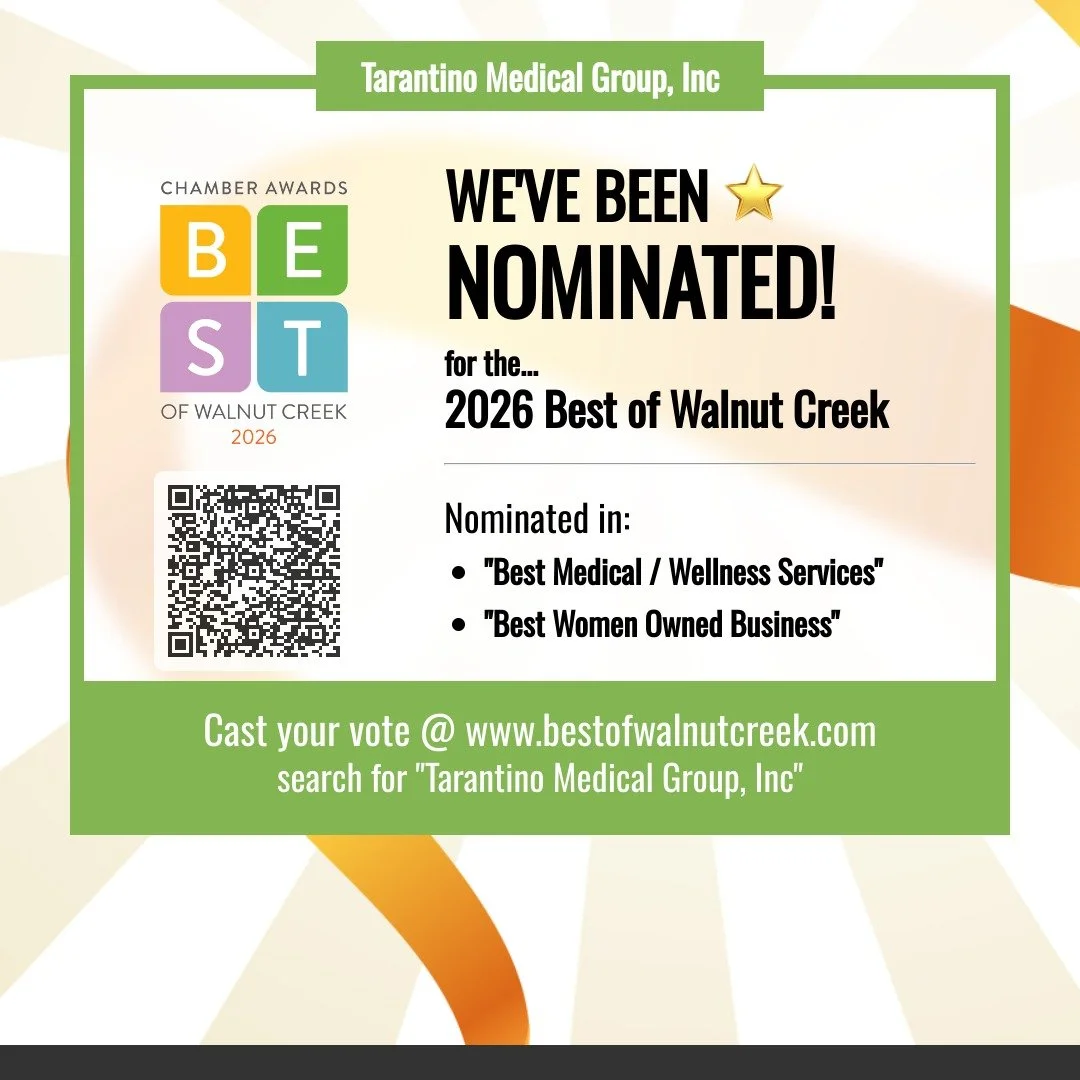 I need your help!

🎉 WE&rsquo;RE UP FOR BEST OF WALNUT CREEK IN THREE CATEGORIES! 🎉

Tarantino Medical Group, Inc. has been nominated for:
🏆 Best Beauty, Health &amp; Wellness
🏆 Best Women-Owned Business
🏆 Best Medical / Wellness Services

And I