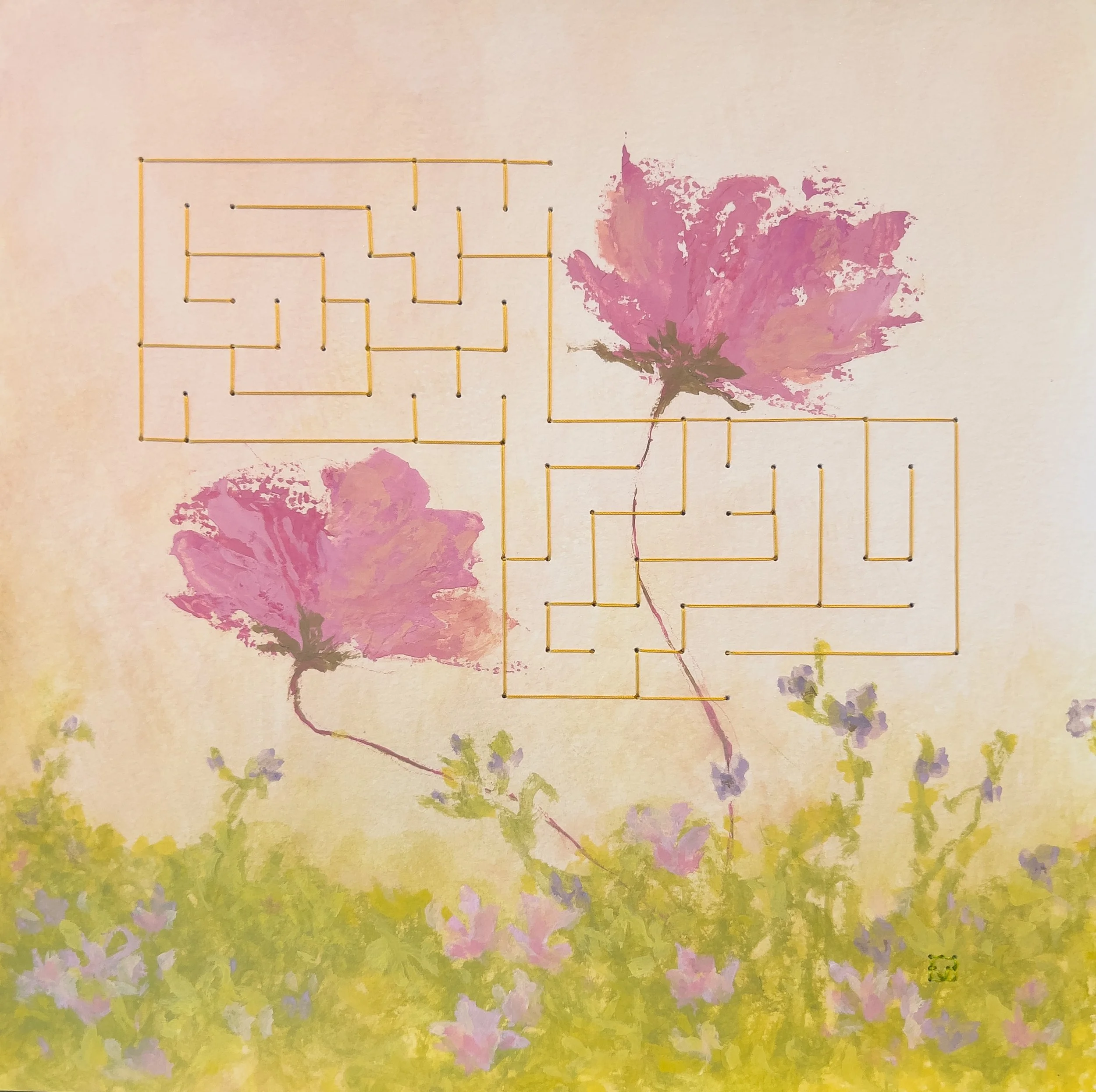 together apart | 8 x 8 in. | gouache and silk thread on watercolor paper | 2025