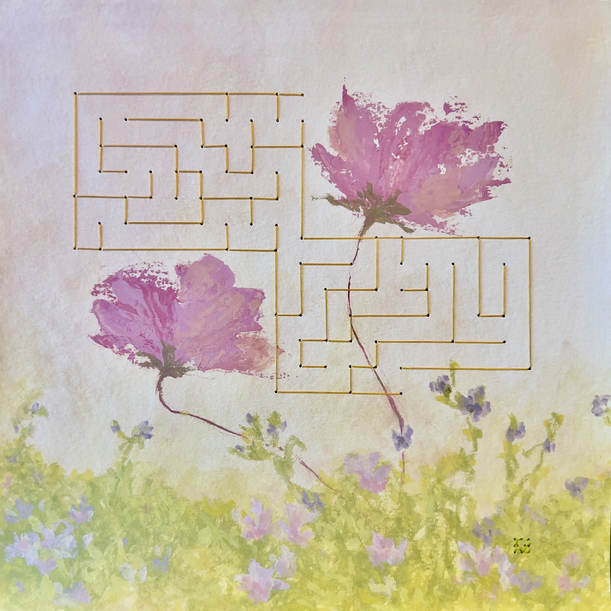 together apart | 8 x 8 in. | gouache and silk thread on watercolor paper | 2025