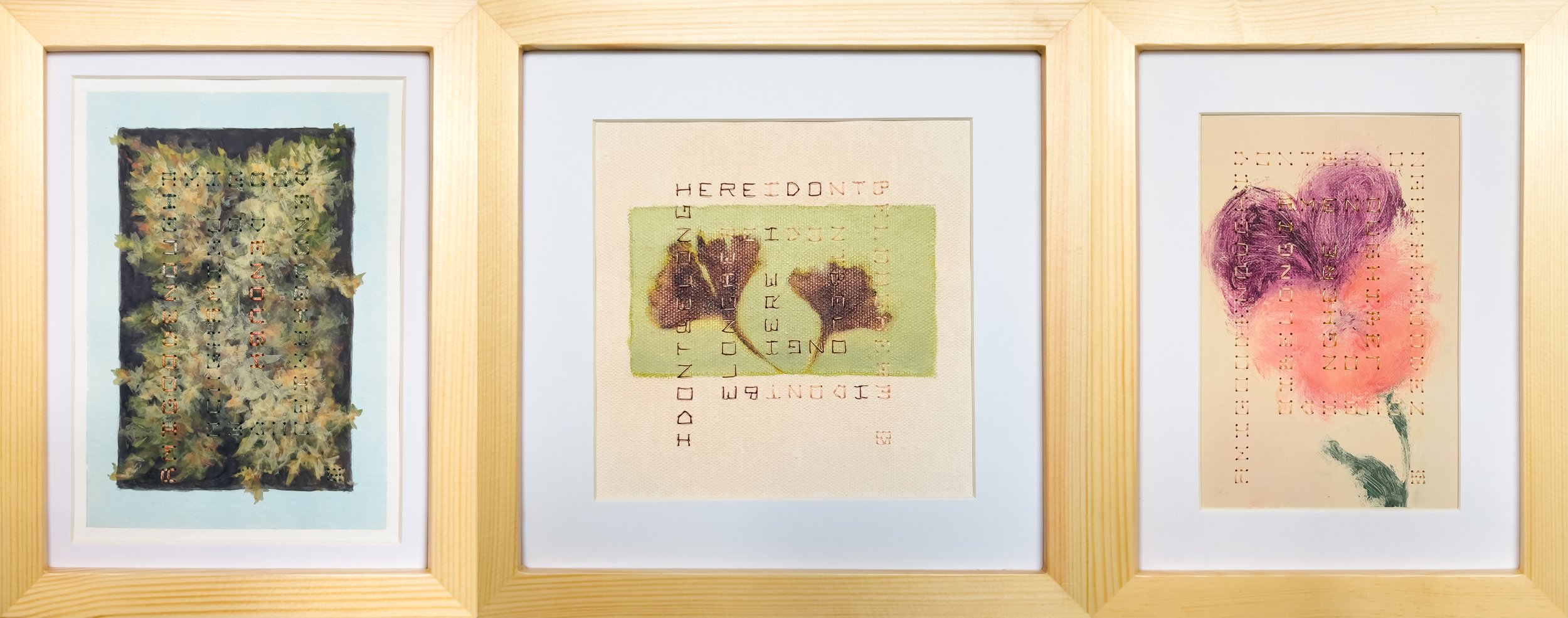 becoming myself | triptych dimensions variable | cotton and metallic thread embroidery, gouache on watercolor paper, oil on canvas and canvas paper | 2025 (private collection)