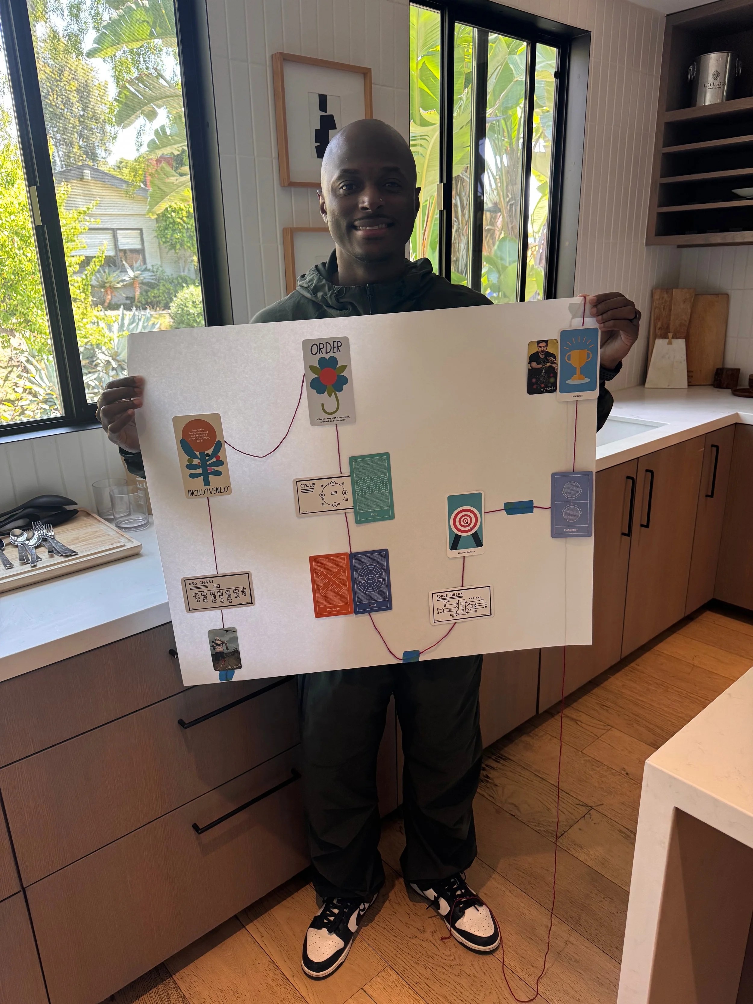 Story workshop participant holding up a story map built from story cards and yarn
