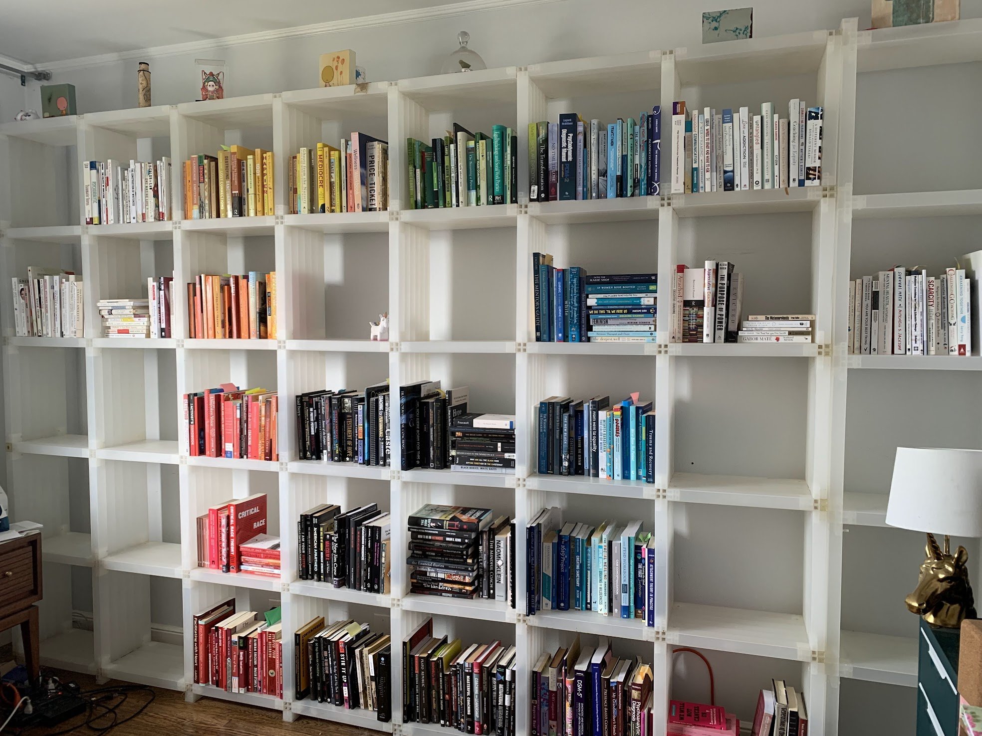 Whimsical and inspiring office boookshelf.
