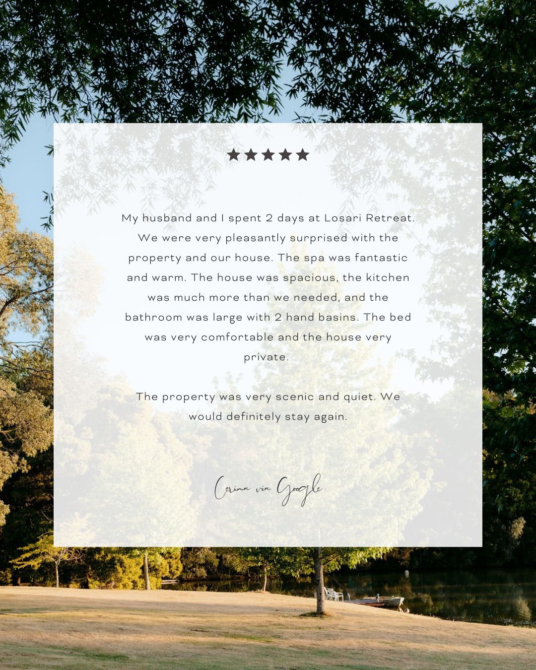 Serene, spacious, and simply unforgettable ✨

From the warmth of the private spa to the peaceful, scenic surroundings 🌿💛 

We're so grateful for kind words like these from our guests who come to unwind and indulge in a little luxury.