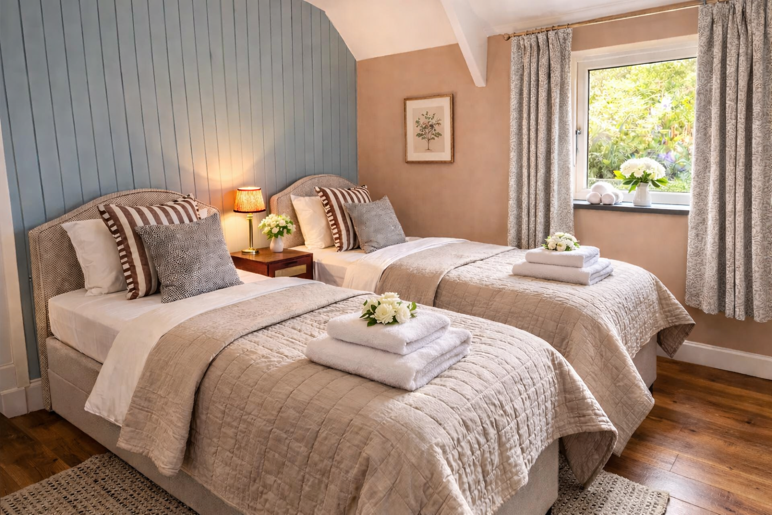 Two neatly made twin beds with beige quilts, pillows, and folded towels with flowers, in a cozy bedroom with a window and floral curtains.