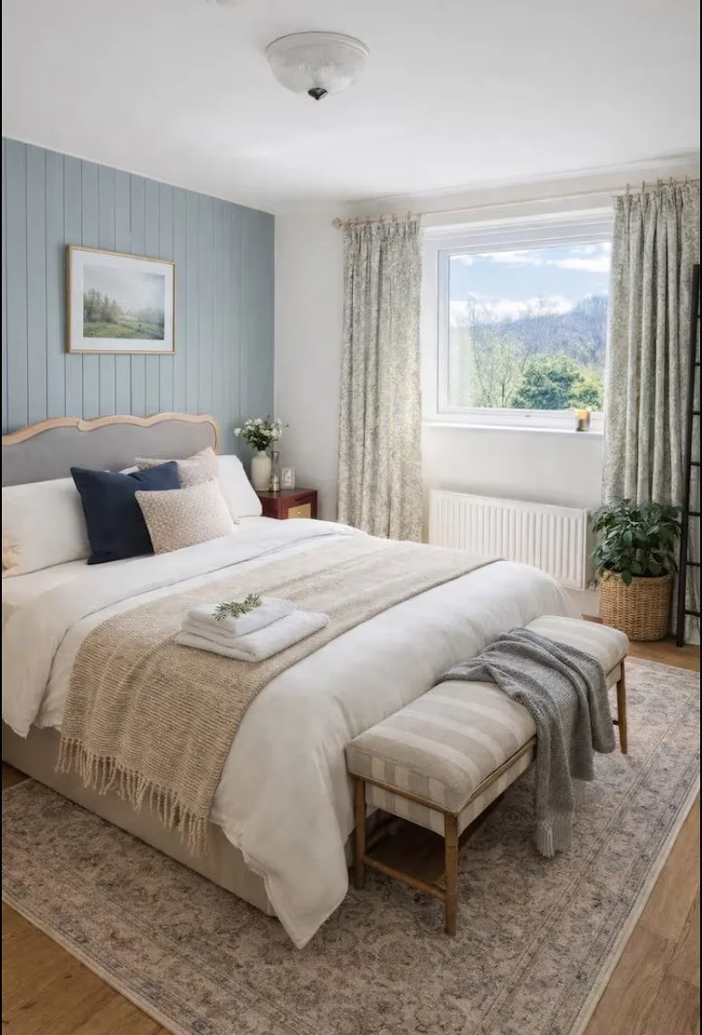 Cozy bedroom with light blue accent wall, painting, large bed with white bedding and assorted pillows, beige blanket, folded towels on the bed, bench at foot of bed with gray throw blanket, window with curtains, small plants, and landscape view outsi