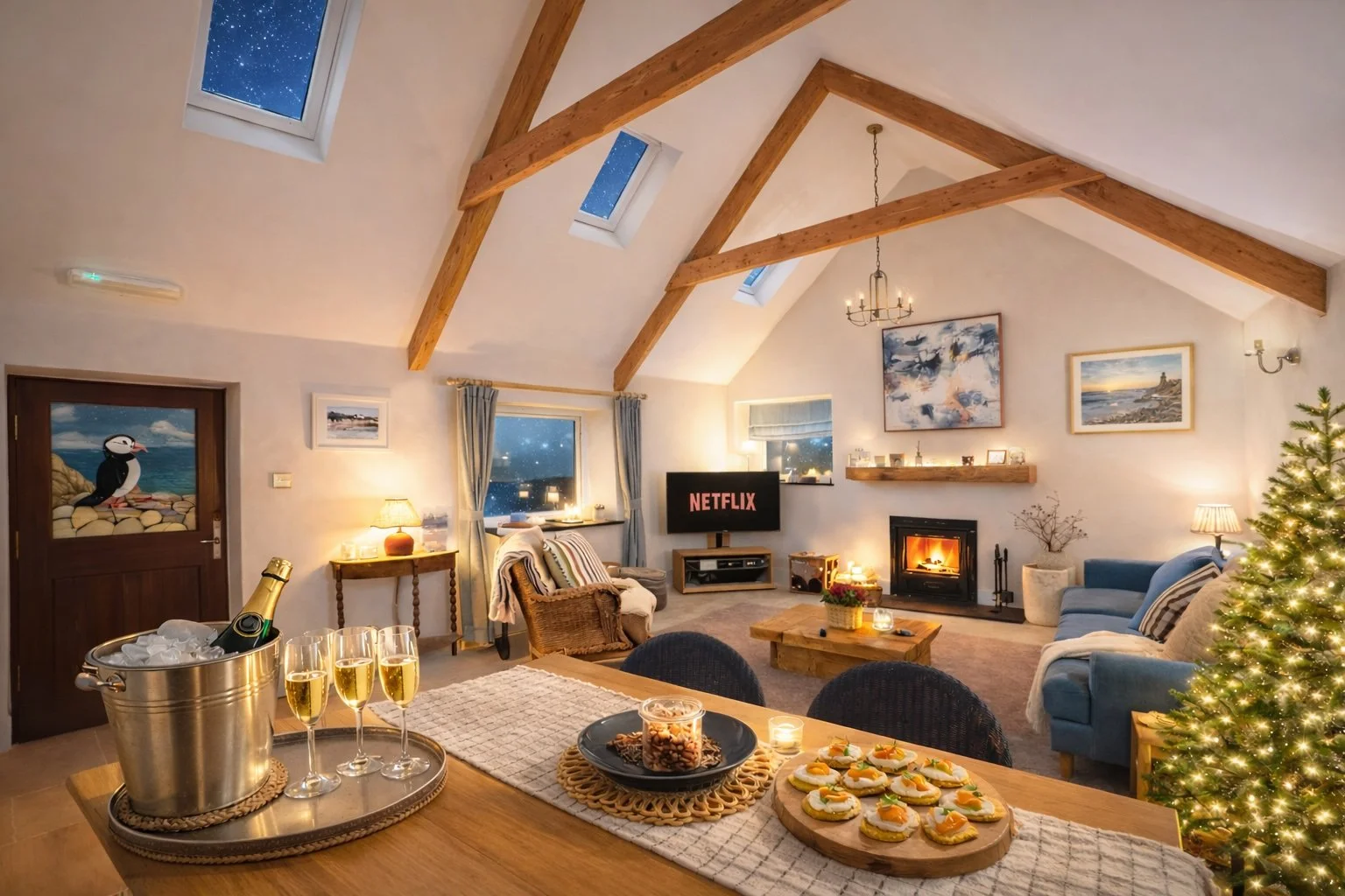 Cozy living room at The Leap holiday let in Little Haven, decorated for Christmas with, a cozy woodburner and a Netflix streaming on the TV. A wooden table has snacks and drinks, and windows show a starry night sky.
