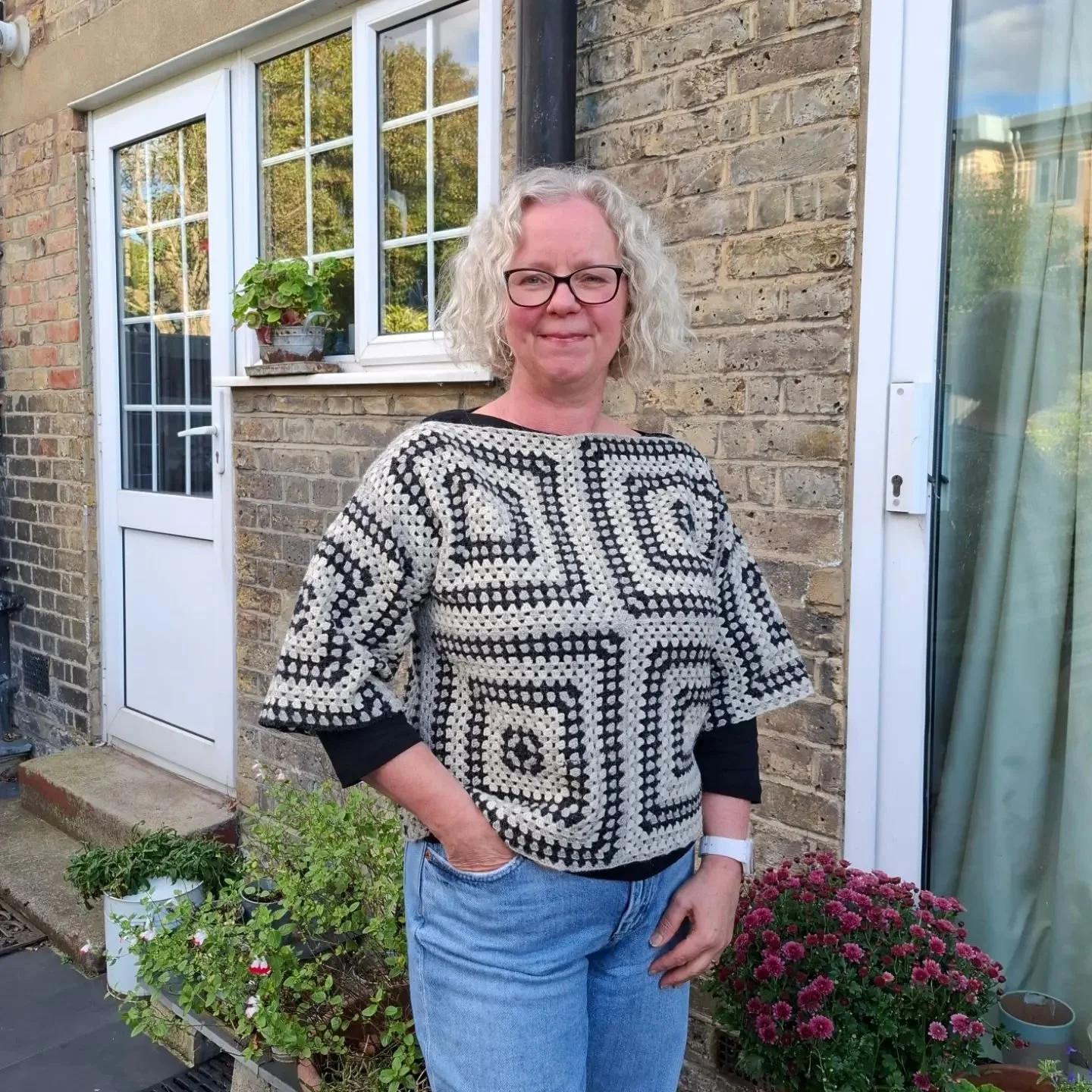 My Mum Jo in her custom granny square jumper 🖤🩶🤍

100% wool in charcoal grey, light grey and cream alternating stripes

&bull;
&bull;
&bull;
&bull;
&bull;
&bull;
&bull;
&bull;
&bull;
&bull;
&bull;
&bull;
&bull;
&bull;
&bull;
&bull;
&bull;
&bull;
&