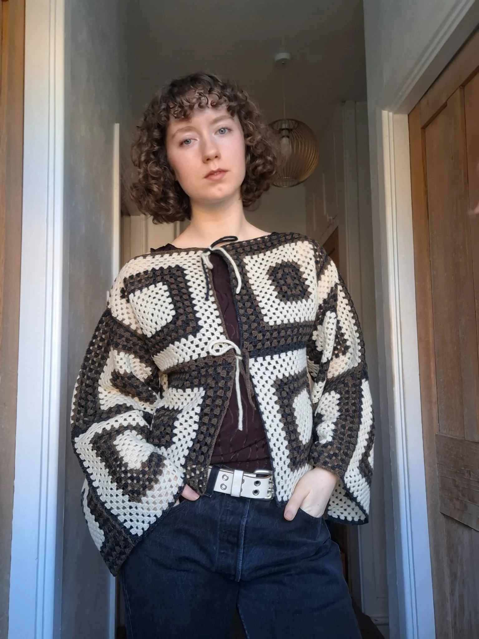Stone granny square boxy cardigan