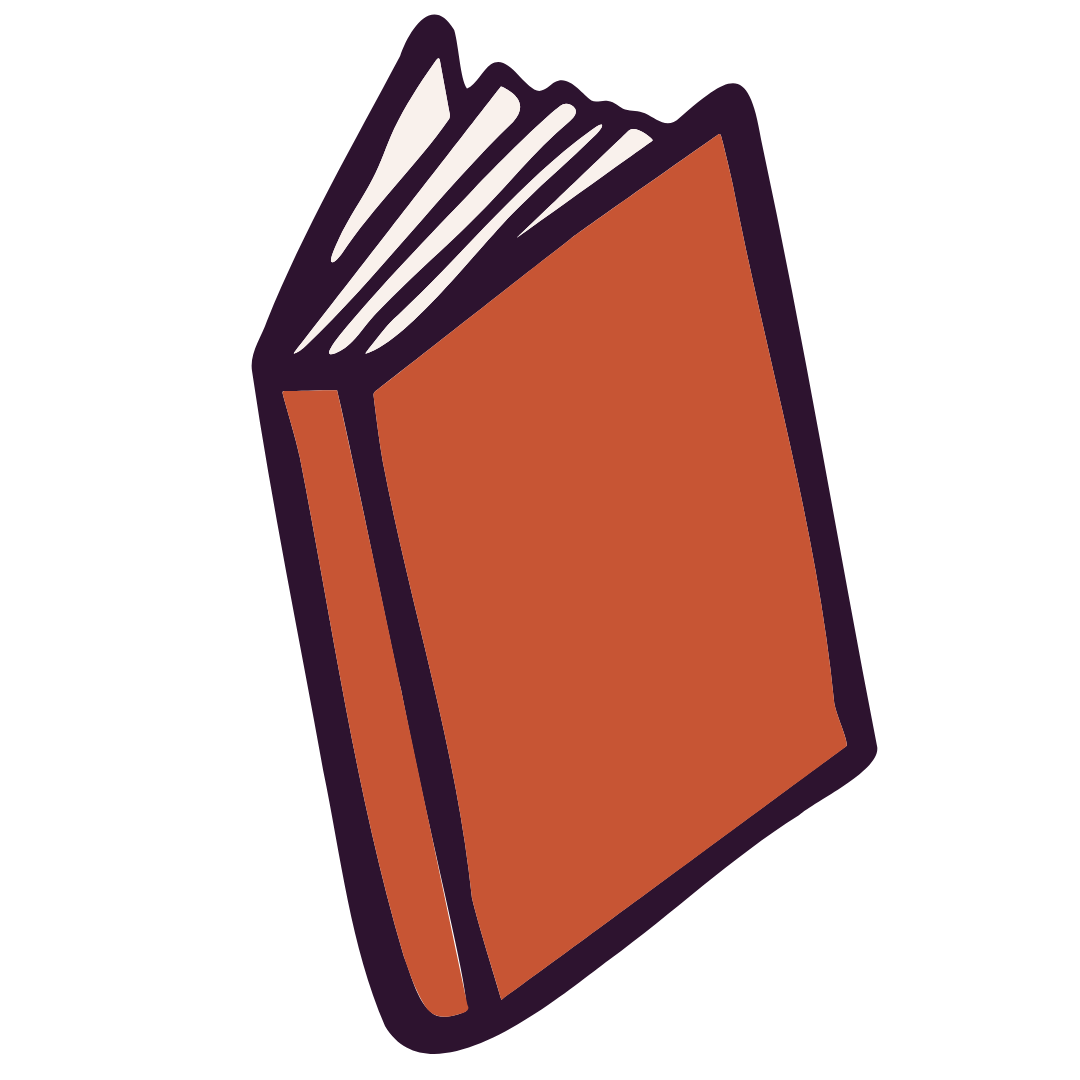 Graphic icon of slightly open book with an orange cover.