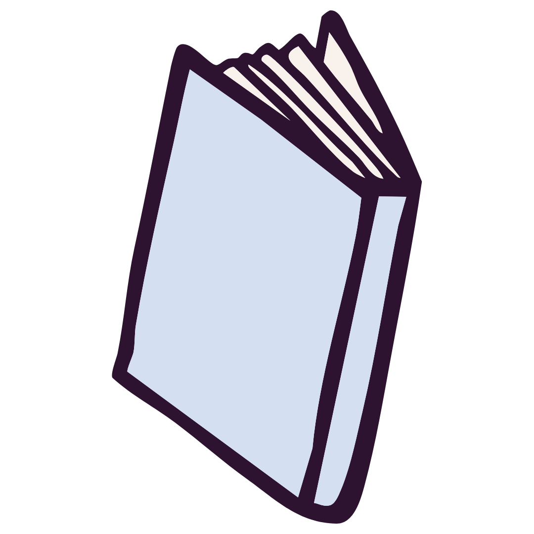 Graphic icon of slightly open book with a blue cover.