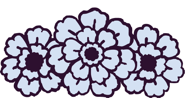 Graphic of three light blue marigolds.