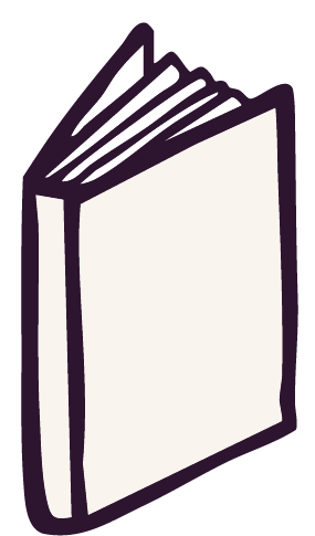 Graphic of an upright, slightly open cream colored book with a dark purple outline.