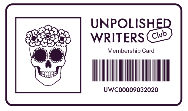 Dark purple outline graphic of an Unpolished Writers Club membership card.