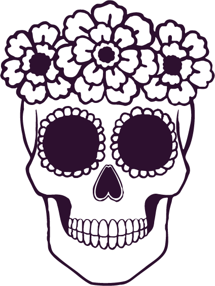 Dark purple outline of a skull with a marigold crown.