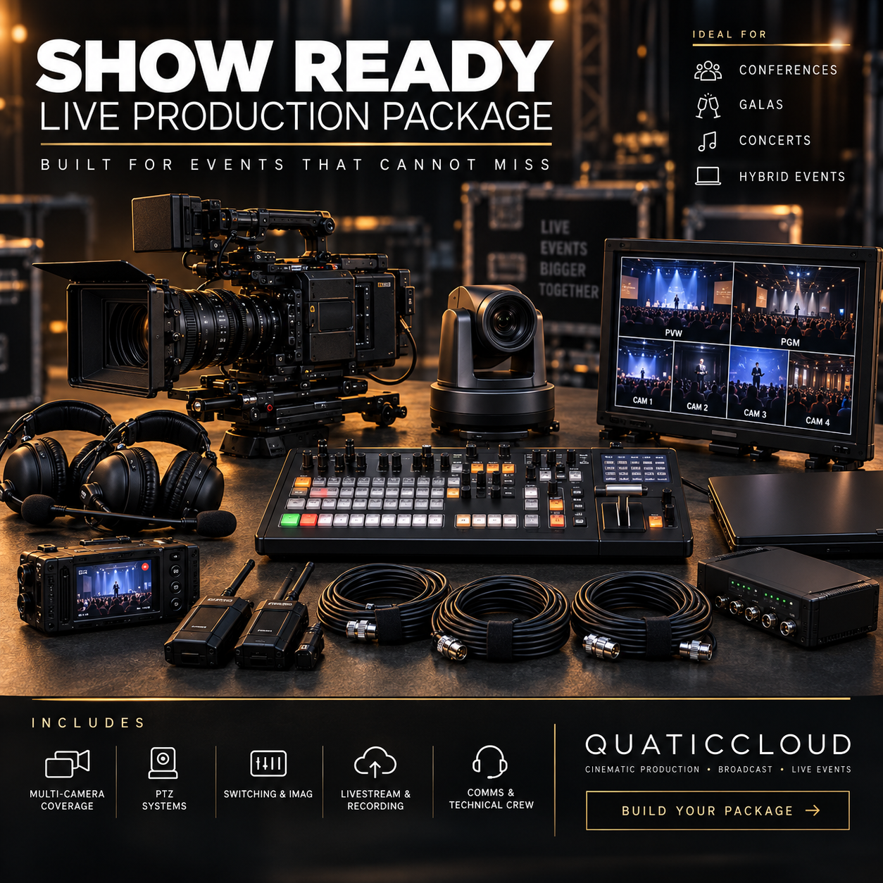 QuaticCloud live production package flyer featuring multi-camera, PTZ, switching, livestream, recording and technical crew.