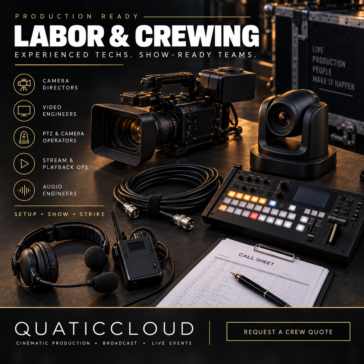 QuaticCloud production labor and crewing services flyer featuring broadcast cameras, PTZ, switching, comms and experienced technical crew.