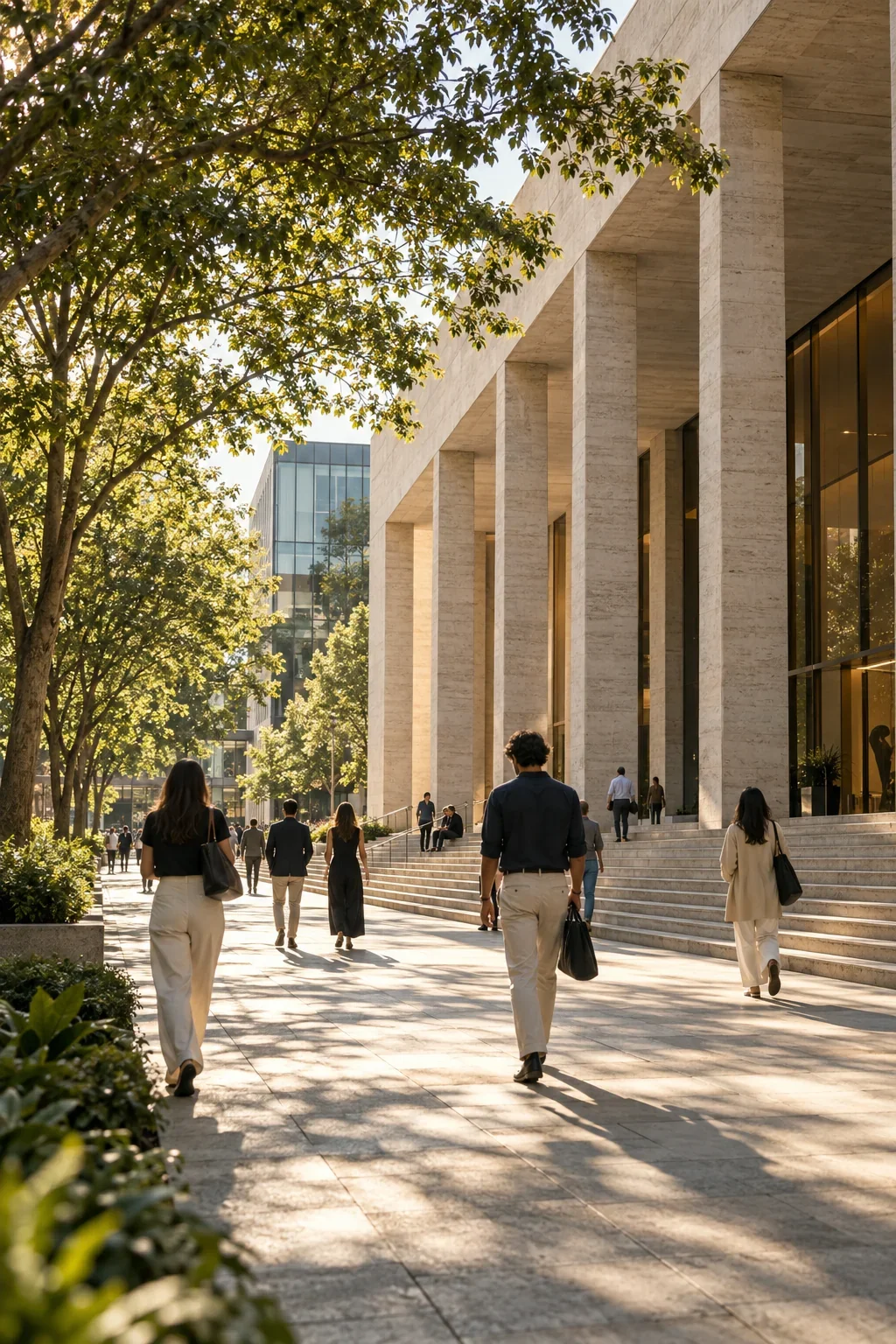 People walking through a sunlit plaza beside a contemporary stone and glass building