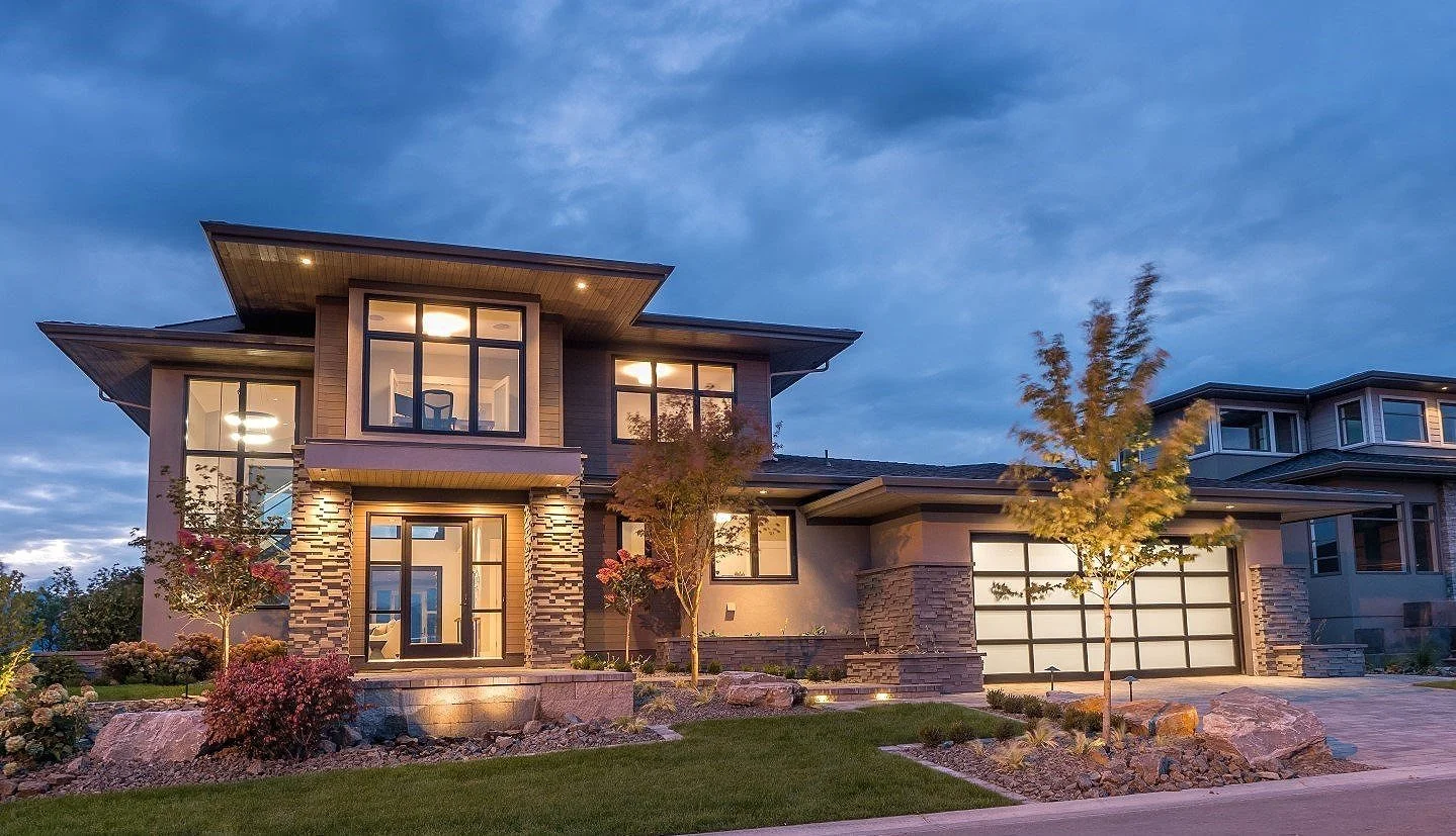 Modern home exterior at dusk
