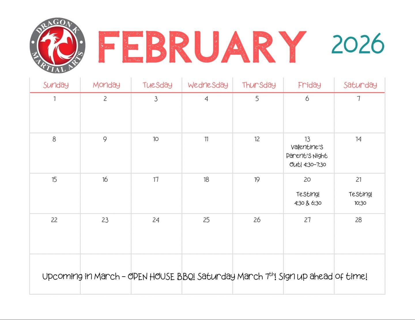 📅 Dragon K Martial Arts &ndash; February 2026 Events 🐉🥋

We&rsquo;ve got a great month coming up at Dragon K! Check out what&rsquo;s happening and mark your calendars:

💖 Valentine&rsquo;s Parent&rsquo;s Night Out
📆 Friday, February 13
⏰ 4:30&nd