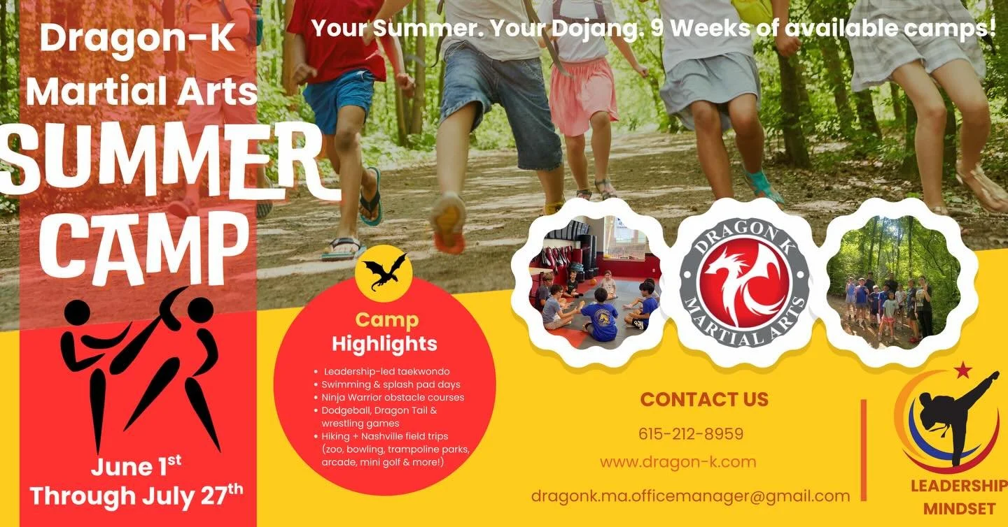 🥋🌿 Dragon-K Summer Camp is BACK! 🌿🥋
Your summer. Your dojang. 9 weeks of camp&mdash;join for the weeks that work for your family!

June 1st&ndash;July 27th: building confidence, leadership, and skills all summer long through movement, teamwork, a
