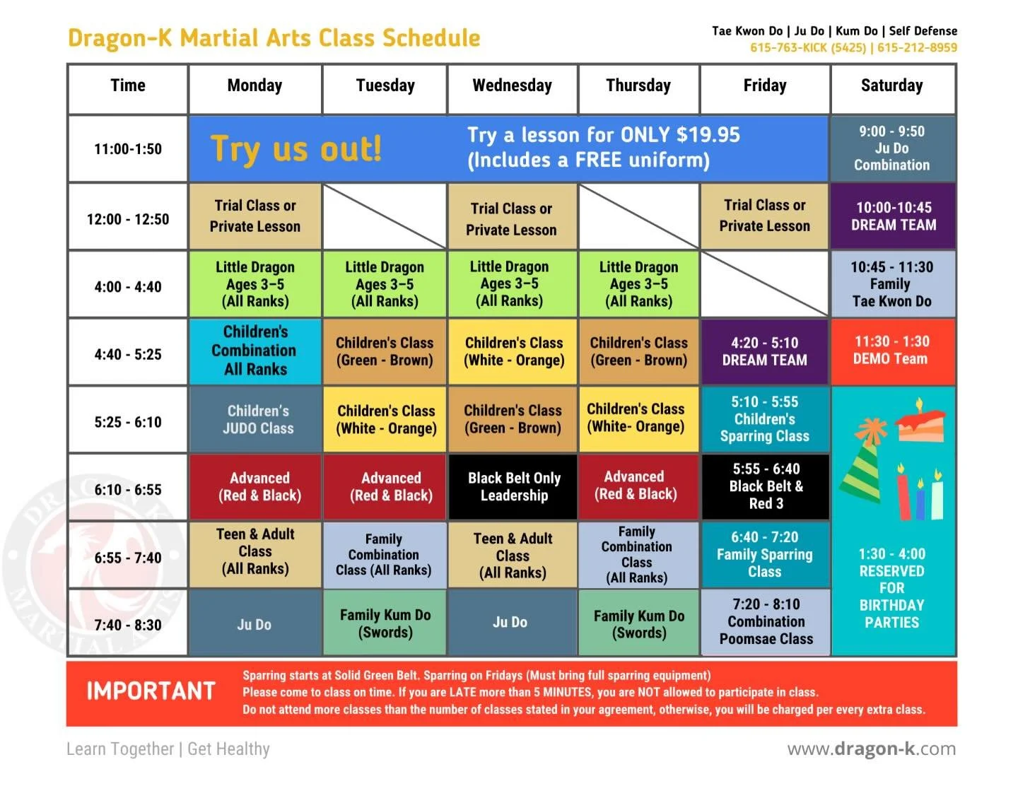 🔥 NEW SCHEDULE ALERT! 🔥

We&rsquo;re excited to share our updated class schedule with the Dragon K family! 🐉

✨ What&rsquo;s New:
🥋 Children&rsquo;s Judo Classes &ndash; Build balance, coordination, and confidence
🥋 Black Belt Only Classes &ndas