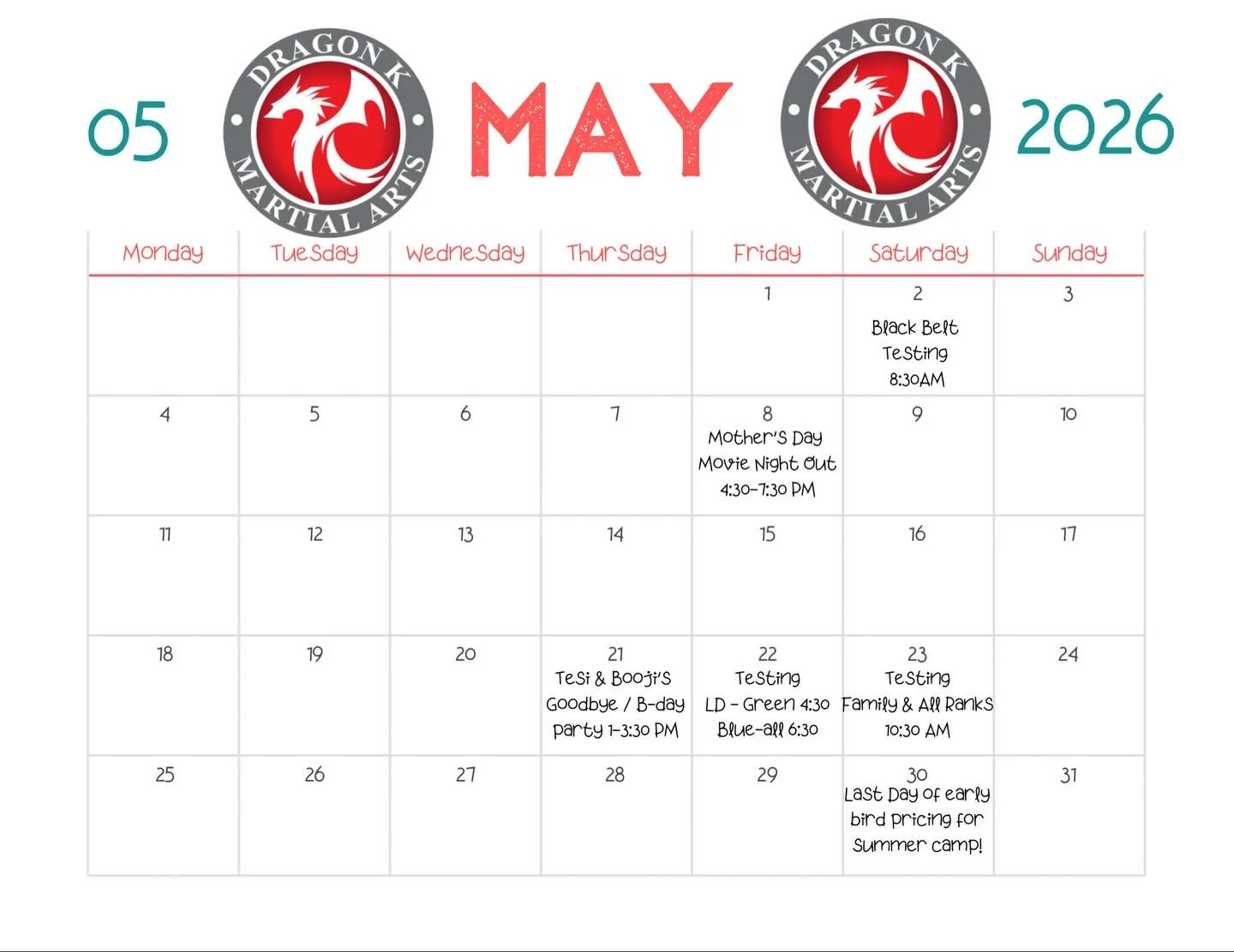 🌟 MAY IS COMING 🌟

We&rsquo;re gearing up for an exciting month ahead at Dragon K! 🥋🔥
From Black Belt Testing to Mother&rsquo;s Day Movie Night, to Belt Testing Week and more&mdash;May is right around the corner and it&rsquo;s packed with BIG mom