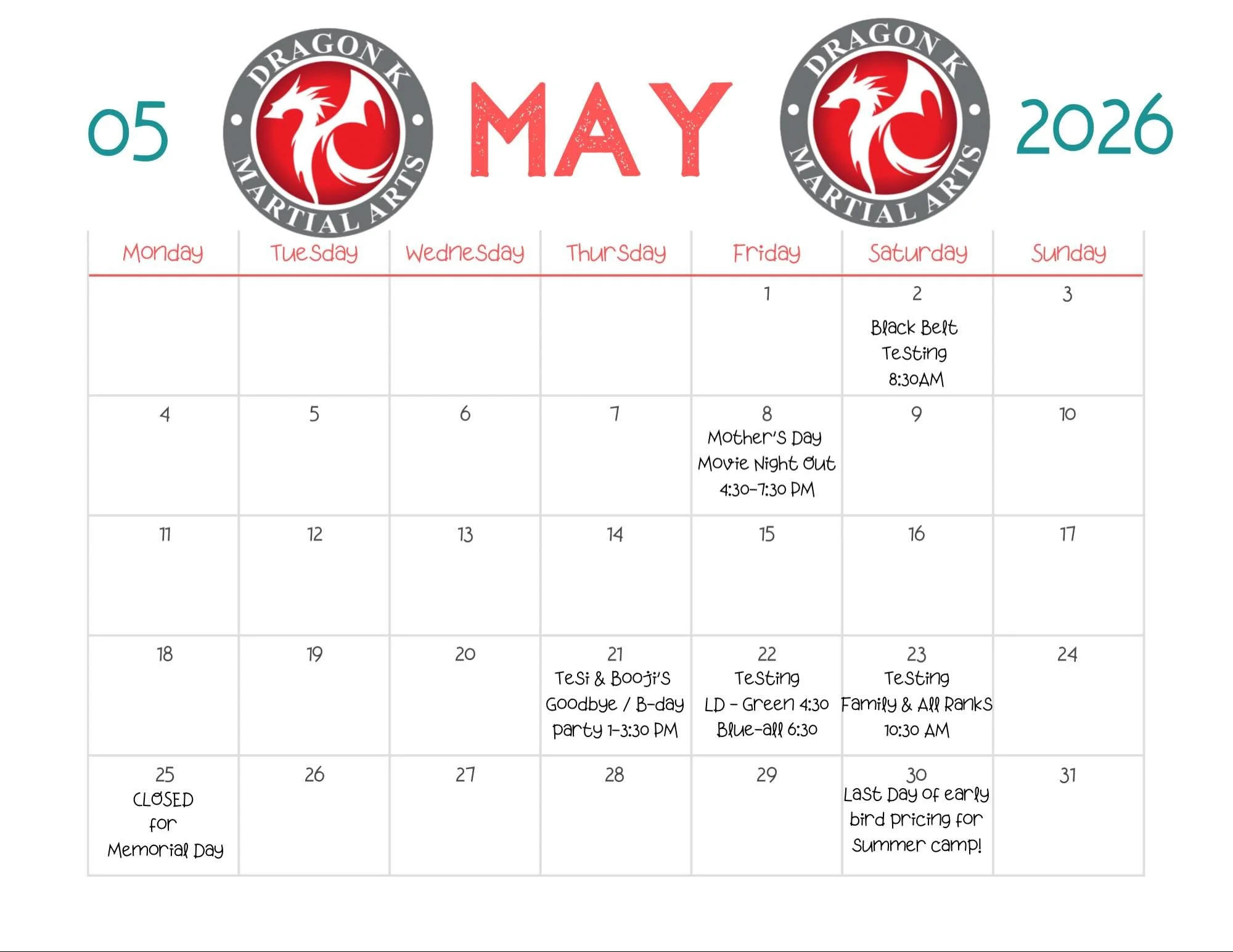 Updated MAY calendar! 
Testing Friday May 22 and Saturday May 23!
CLOSED Monday May 25, Memorial Day.