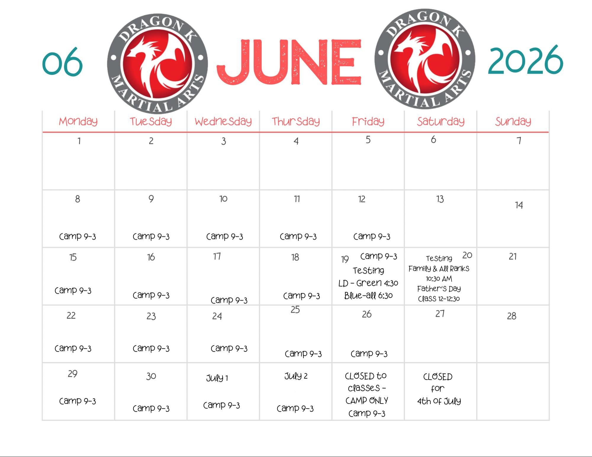 🥋🐉 JUNE IS PACKED WITH EXCITEMENT AT DRAGON K MARTIAL ARTS! 🐉🥋

☀️ SUMMER CAMP IS NOW OPEN!

Looking for an exciting way to keep your child active, confident, and engaged this summer? Dragon K Summer Camp is the place to be!

✅ Martial Arts Train
