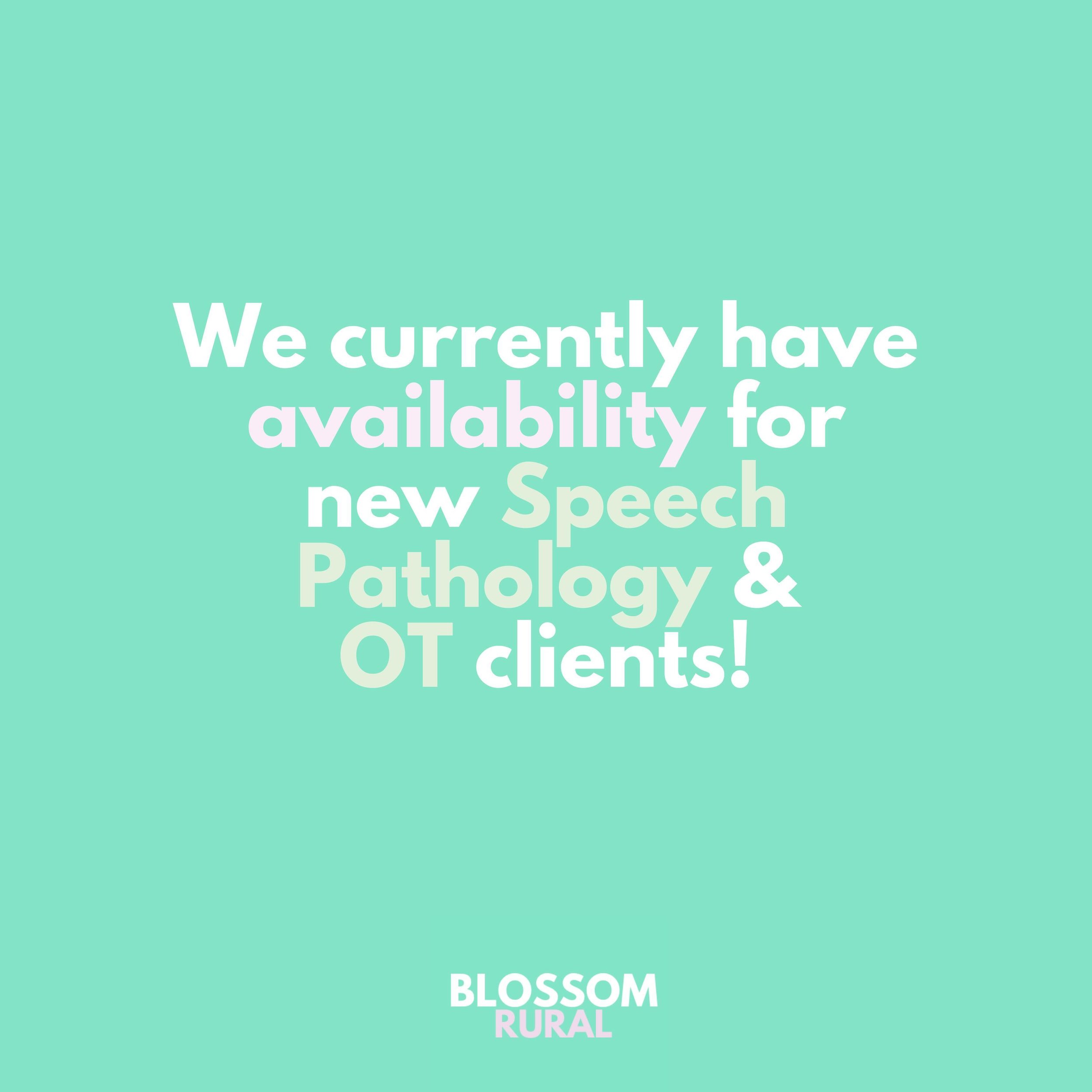 🌼 EXCITING NEWS - We have immediate availability for NEW Speech Pathology and Occupational Therapy clients 🫶🏼🤩

At Blossom Rural, all therapy is delivered via telehealth (via ZOOM) 💻🌸 so you can be located anywhere in Australia! 

We are commit