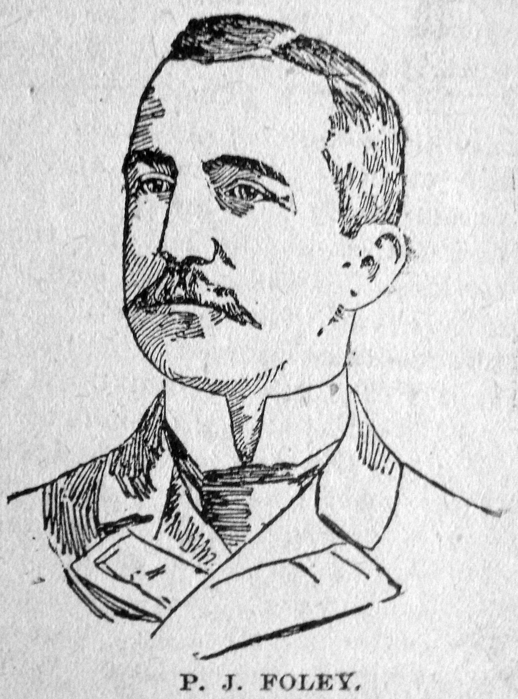 Line drawing of a man. gray background. Old style mustache. High collar. Short Dark hair.