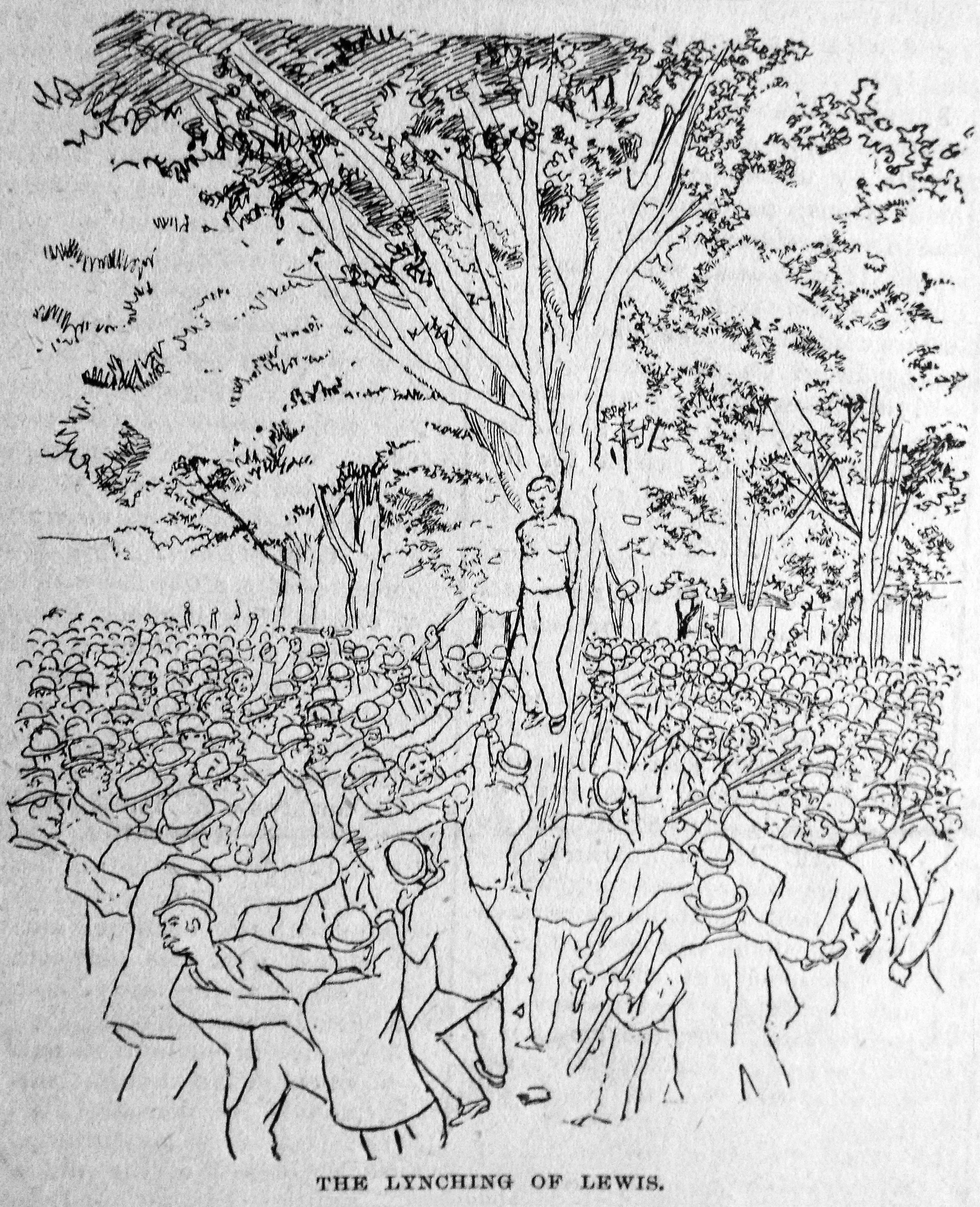 line drawing of a crowd of men surrounding a tree. hanging from a limb is an African American man named Robert Lewis. The tree has a lot of leaves, and the crowd is illustrated as being very excited and much worked up.