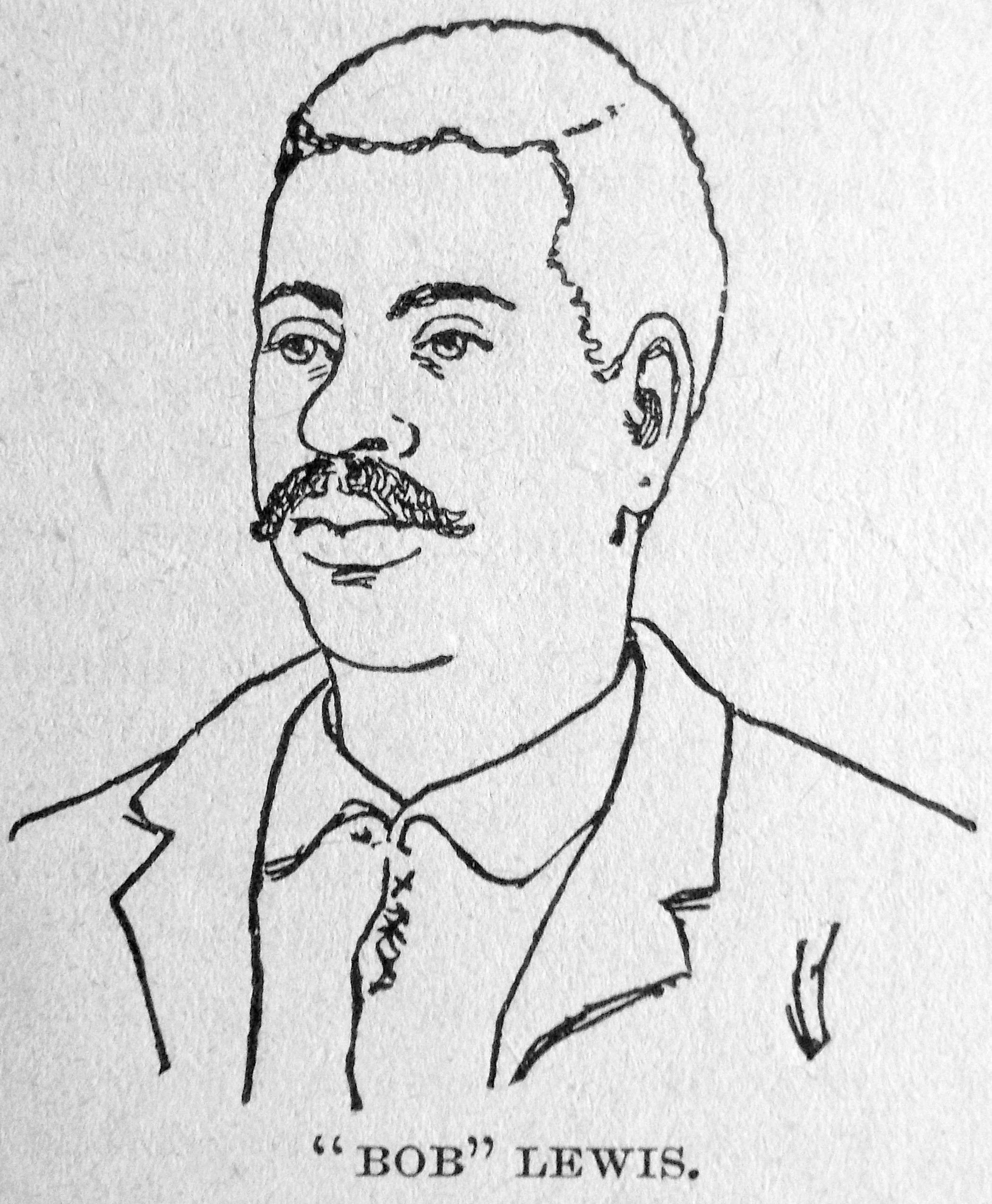 Lie drawing of Robert Lewis. It is black ink on gray background. Picture is of a African American man, thick mustache, short hair
