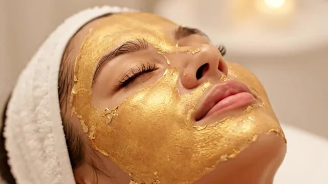 A person lying down with a face mask being applied during a facial treatment. The person has a white headband and a towel around their shoulders. The practitioner is wearing pink gloves and using a spatula to spread the mask.