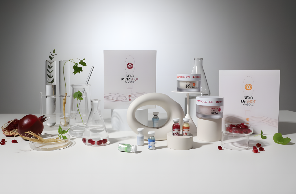 Laboratory setup with medical containers, vials, and test tubes, alongside pomegranate, cherry, plant leaves, and scientific posters titled 'Nexo MV12 Shot Masque' and 'Nexo EG Shot Masque'.
