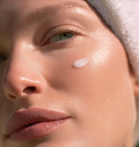 Close-up of a woman's face with makeup, seen through a glass surface, with her eyes closed and her hair pulled back.