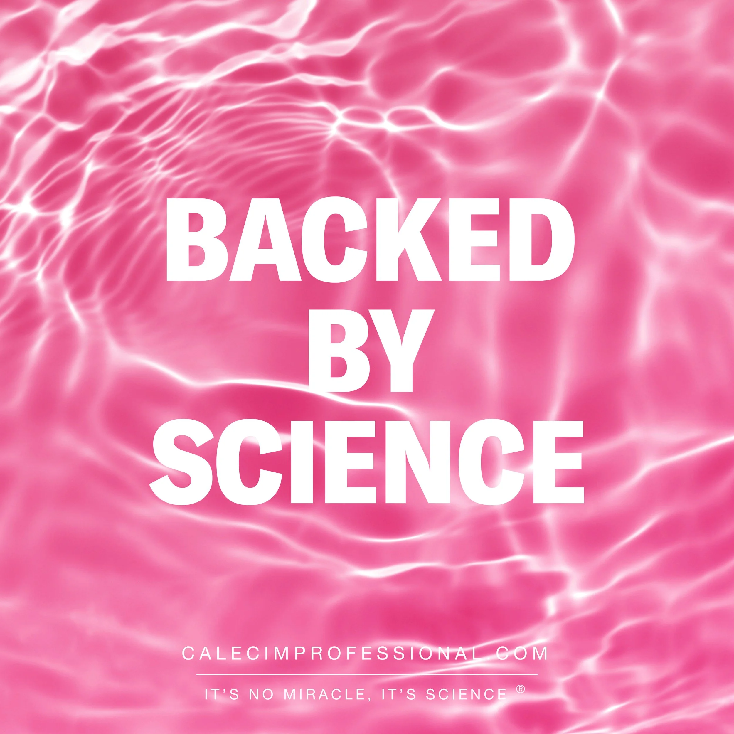 Pink water surface with light reflections, overlaid with white text reading "Backed by Science" and additional smaller text with a website URL and slogan.