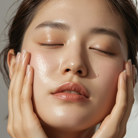 Close-up of a woman with wet hair and closed eyes, standing between two dark curtains with sunlight casting shadows on her face.