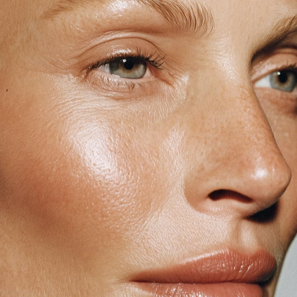 A woman looking at herself in the mirror while touching her face with both hands.