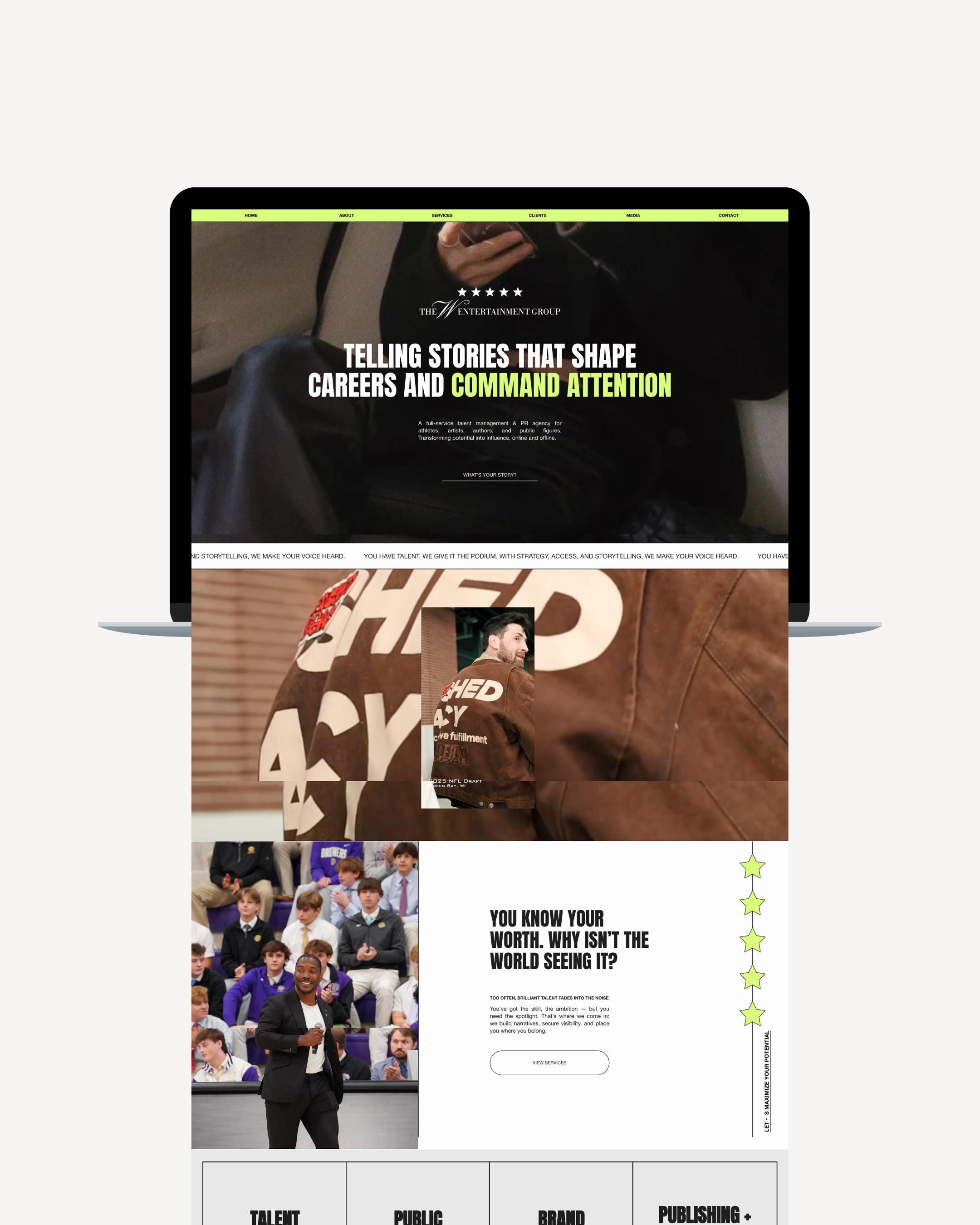 A website homepage for The W Entertainment Group with a header menu including sections such as Home, About, Services, Clients, Media, Contact. The main area features a large headline: "Telling Stories That Shape Careers and Command Attention," with a subtext about a talent management and PR agency. A professional man in a suit is speaking in front of a background of a group of young students, with a section below showing categories like Talent, Public, Brand, Publishing.